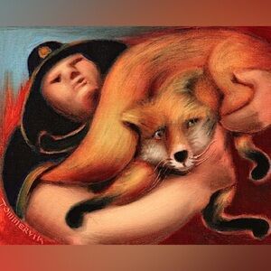 Park Ranger Rescuing Fox Original Painting 14”x 11” oil on canvas